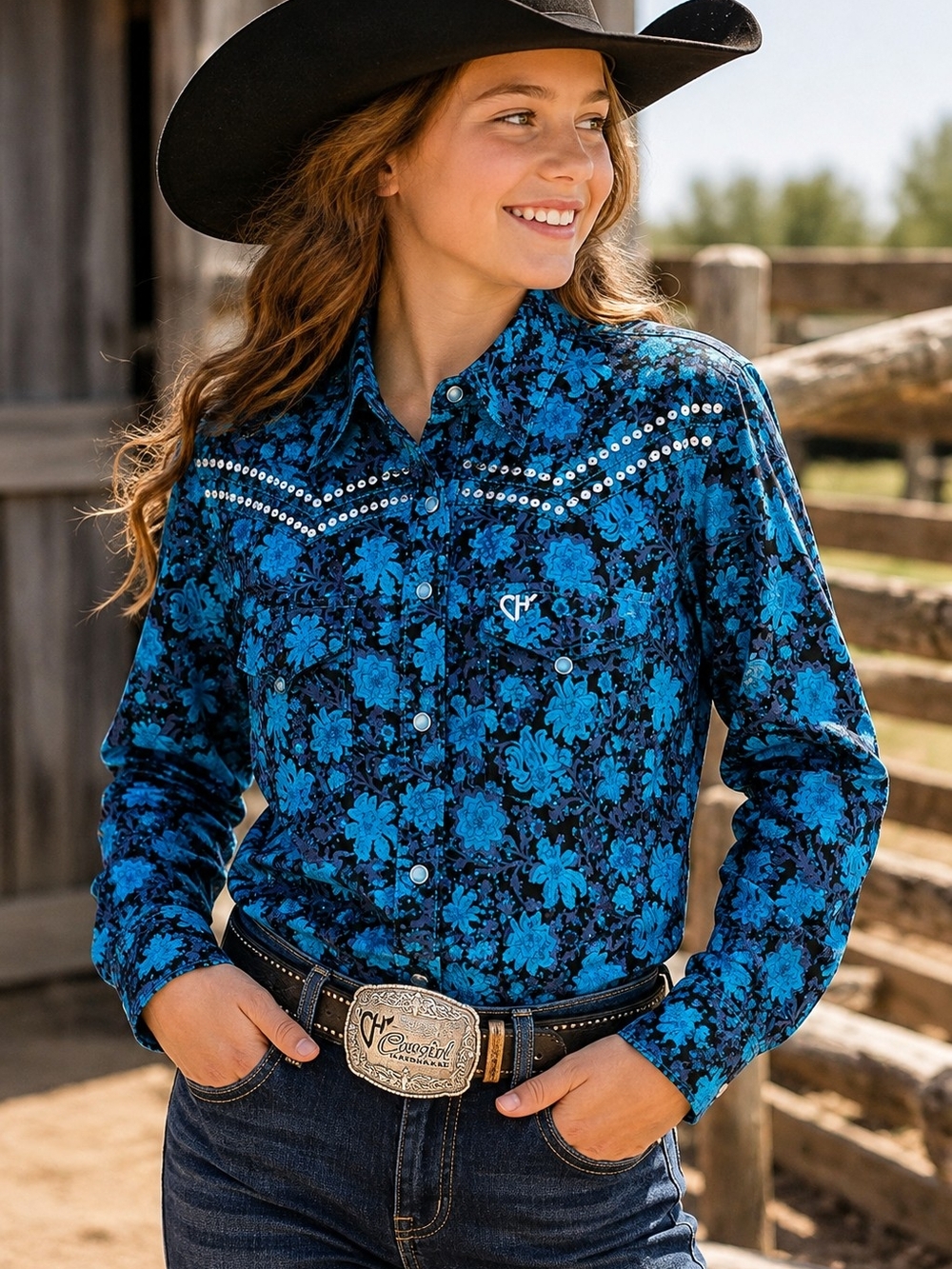 Cowgirl Hardware Girls XL 14/16 Blue Floral Western Snap Shirt Sequin Cotton